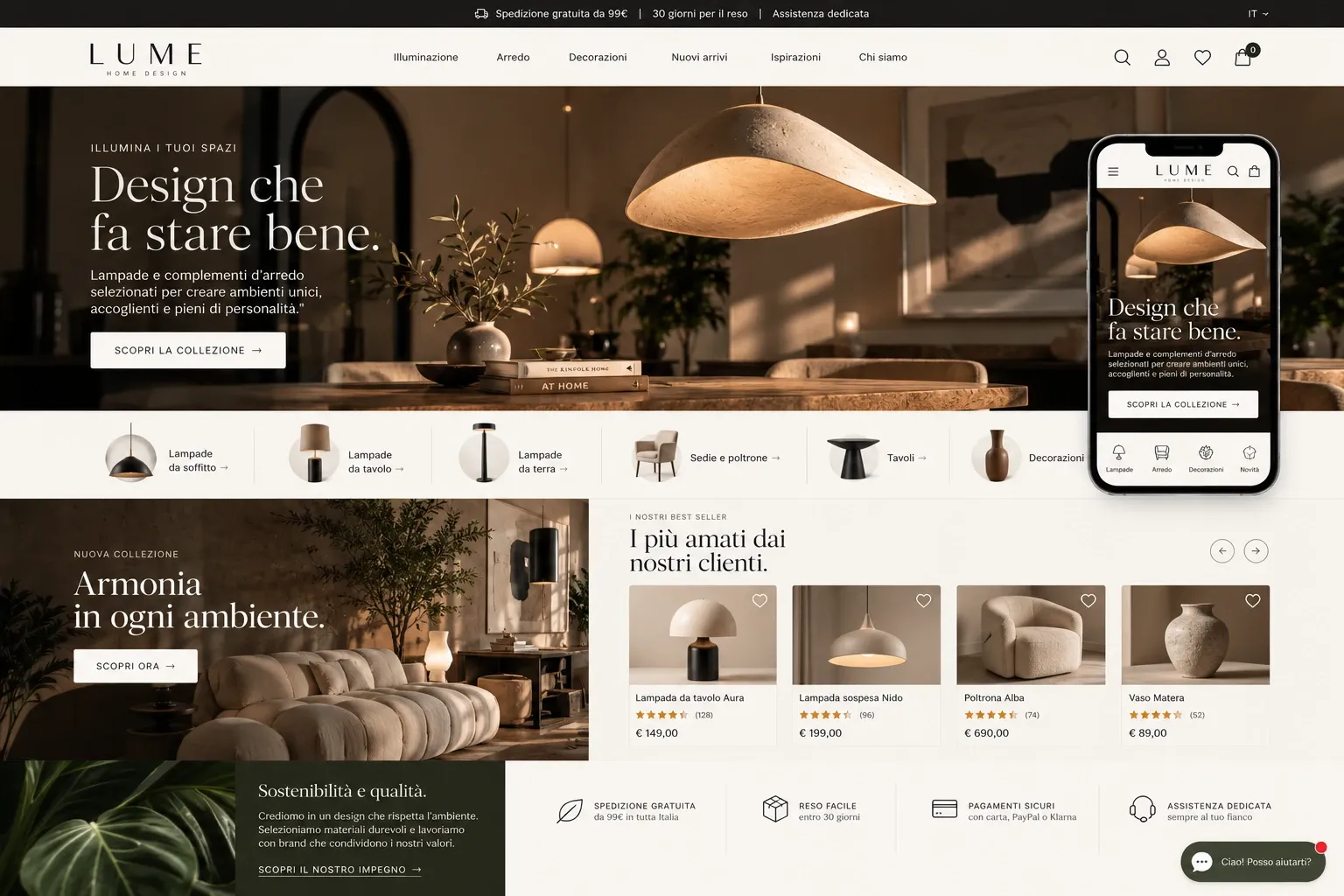 Anteprima del sito dimostrativo di un e-commerce di illuminazione e arredo, Lume, in versione desktop e smartphone