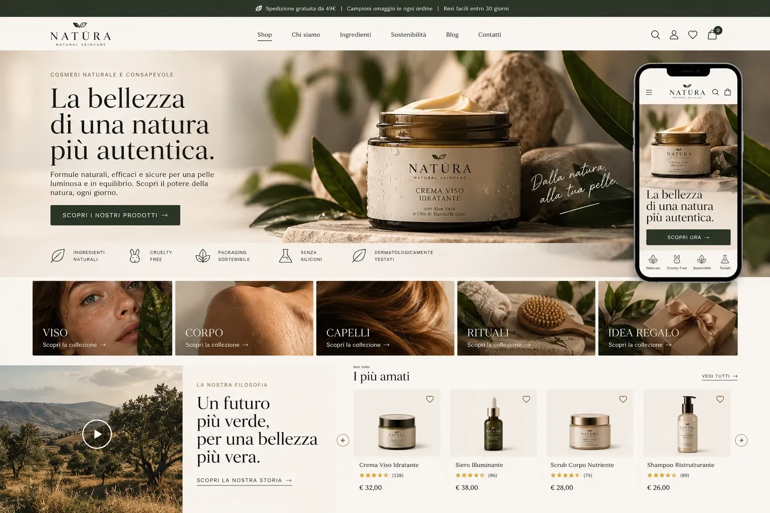 Anteprima del sito dimostrativo di un e-commerce di cosmesi naturale, Natura, in versione desktop e smartphone