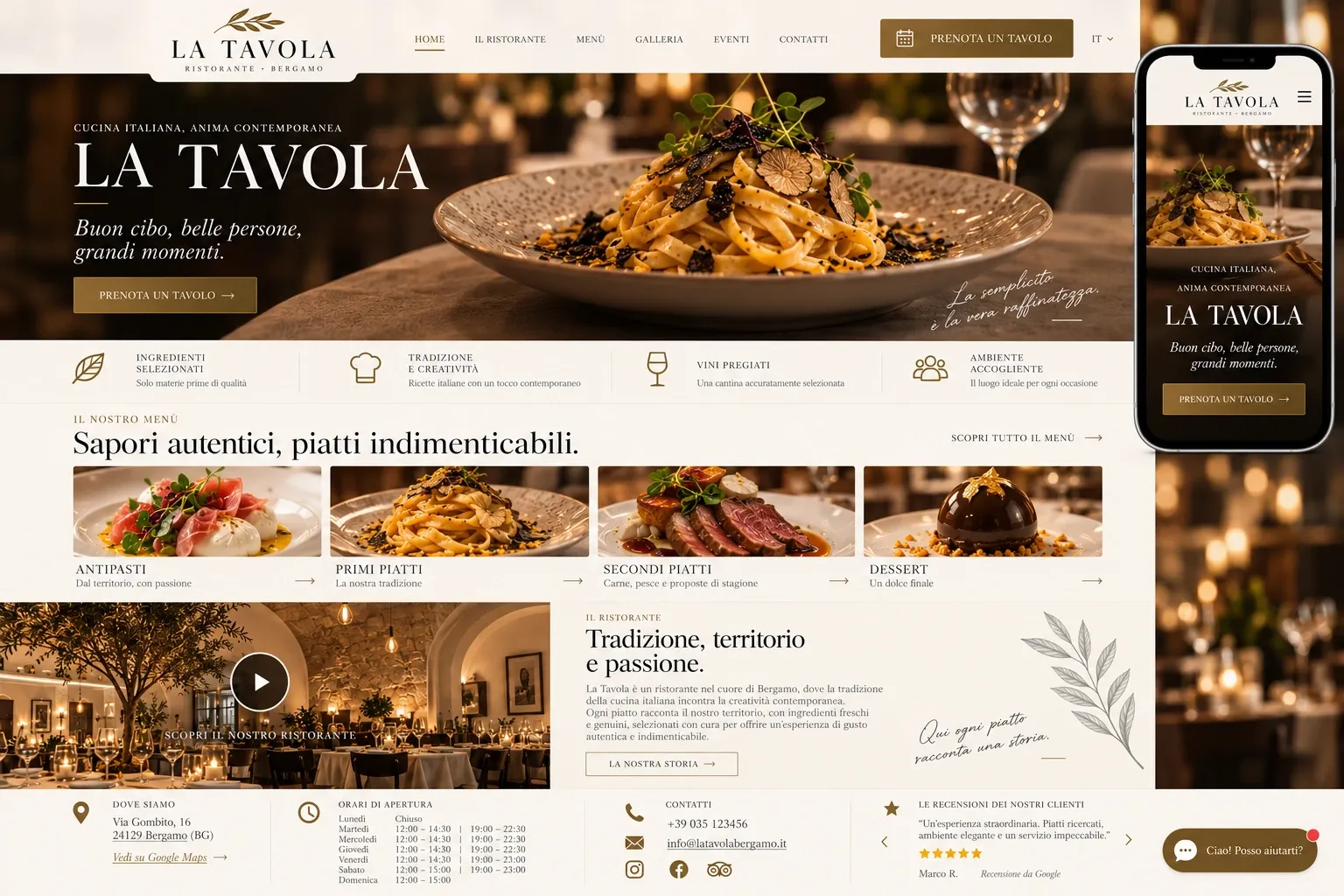 Anteprima del sito dimostrativo di un ristorante, La Tavola, in versione desktop e smartphone